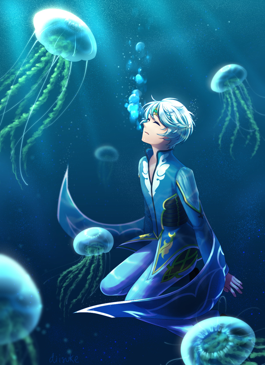1boy, air_bubble, artist_name, bishounen, bubble, closed_eyes, floating, glowing_motes