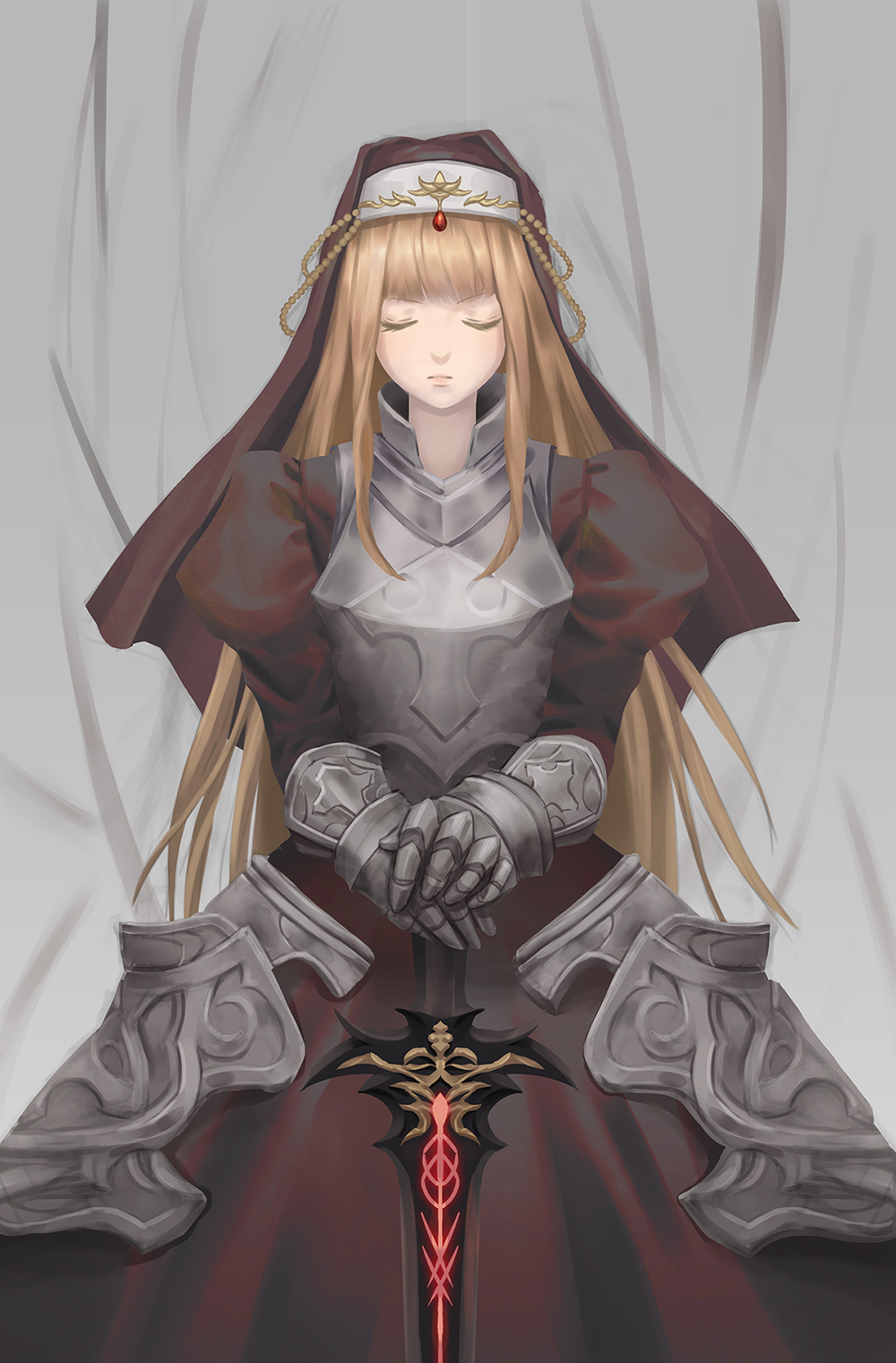 1girl, angelica_(brown_dust), armored_skirt, black_dress, blonde_hair, brown_dust, brown_dust_2, chest_armor