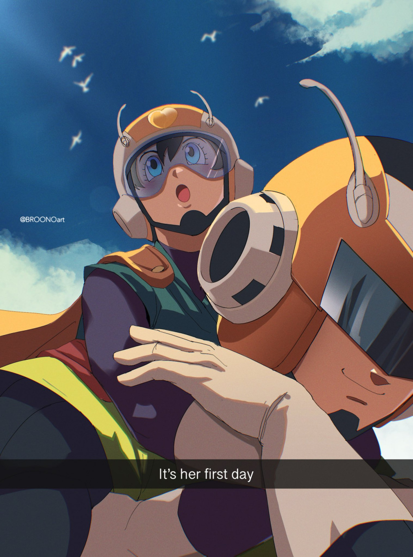 1boy, 1girl, arms_around_neck, bird, blue_sky, broonoart, cape, clouds, dragon_ball, dragon_ball_z, flying, gloves, great_saiyaman, great_saiyaman_2, helmet, highres, selfie, sky, smile, son_gohan, videl, white_gloves