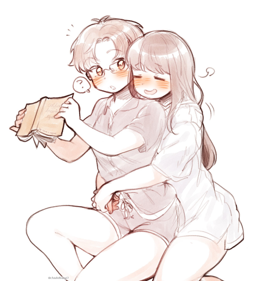 2girls, ?, blush, book, brown_eyes, brown_hair, chadolbaegi, closed_eyes