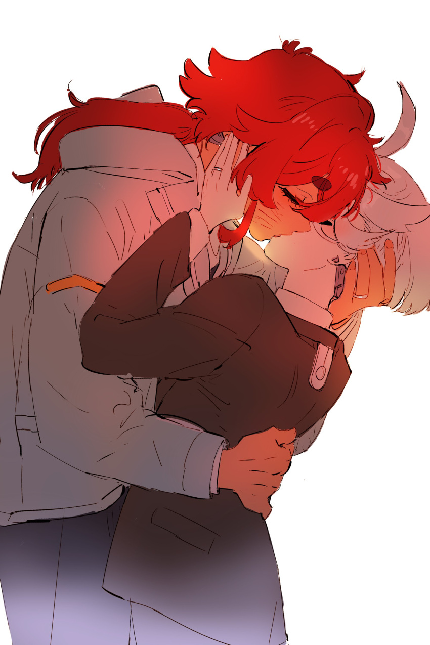 2girls, absurdres, belletaku, black_jacket, closed_eyes, commentary_request, grey_jacket, gundam, gundam_suisei_no_majo, hand_on_another's_face, hand_on_another's_waist, highres, jacket, jewelry, kiss, korean_commentary, long_hair, long_sleeves, miorine_rembran, multiple_girls, ponytail, redhead, ring, scar, scar_on_face, short_hair, simple_background, suletta_mercury, thick_eyebrows, wedding_ring, white_background, white_hair, wife_and_wife, yuri