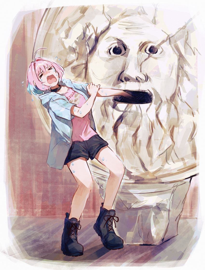 1girl, absurdres, ahoge, black_footwear, black_shorts, blue_hair, blush, bocca_della_verita