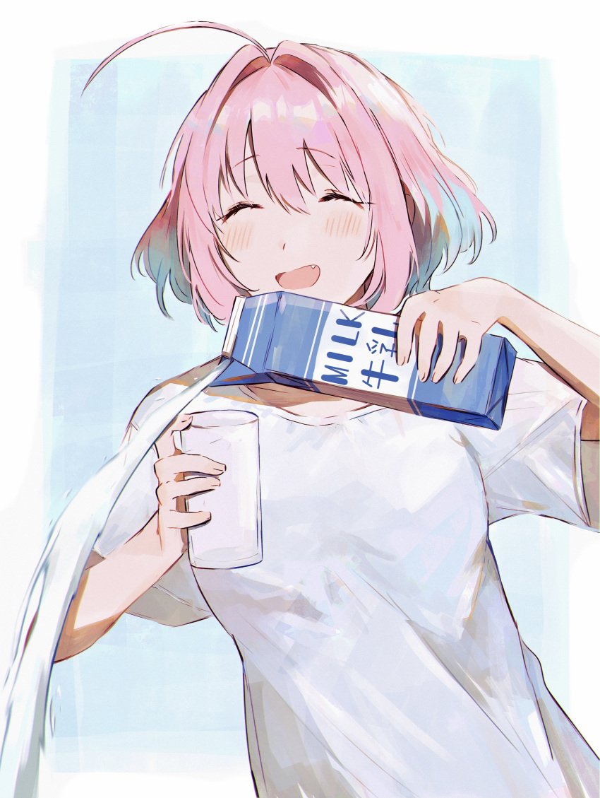 1girl, absurdres, ahoge, blue_hair, closed_eyes, cup, decantering, drinking_glass