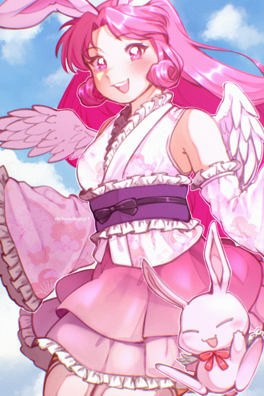 1girl, angel_wings, animal, animal_ears, bare_shoulders, chadolbaegi, chinese_zodiac, cowboy_shot