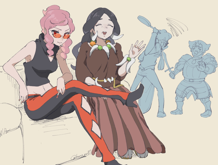 2boys, 2girls, armor, black_hair, breasts, brown_skirt, cropped_shirt, drasna_(pokemon)