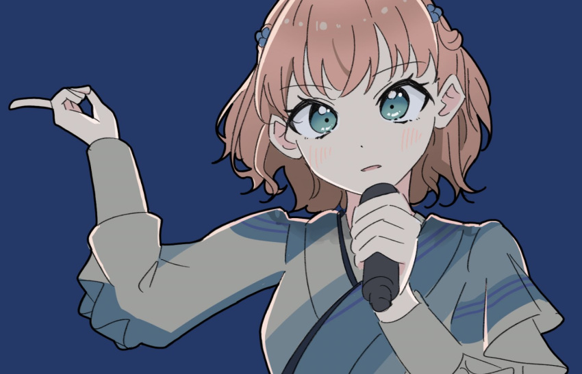 1girl, alternate_costume, aqua_eyes, blue_background, blush, commentary, cosplay, english_commentary
