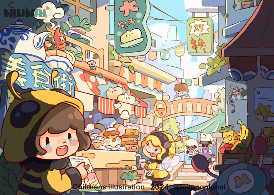 2024, 2girls, :p, animal, antennae, apple, apron, bamboo_steamer
