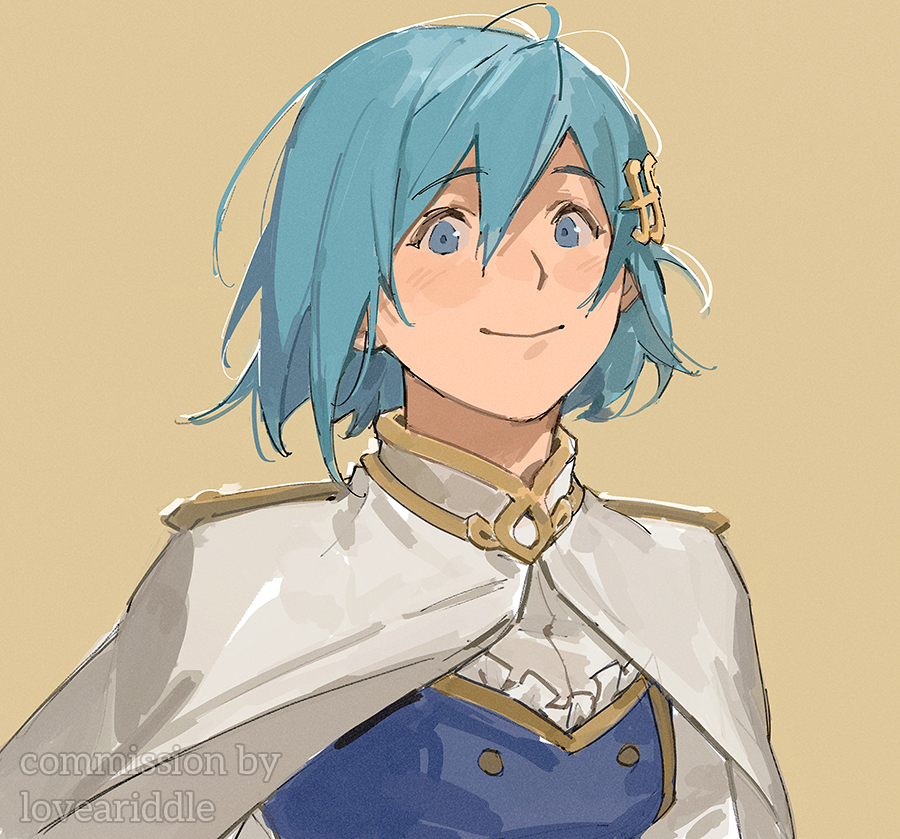 1girl, blue_eyes, blue_hair, cape, commission, fortissimo, frills, hair_ornament