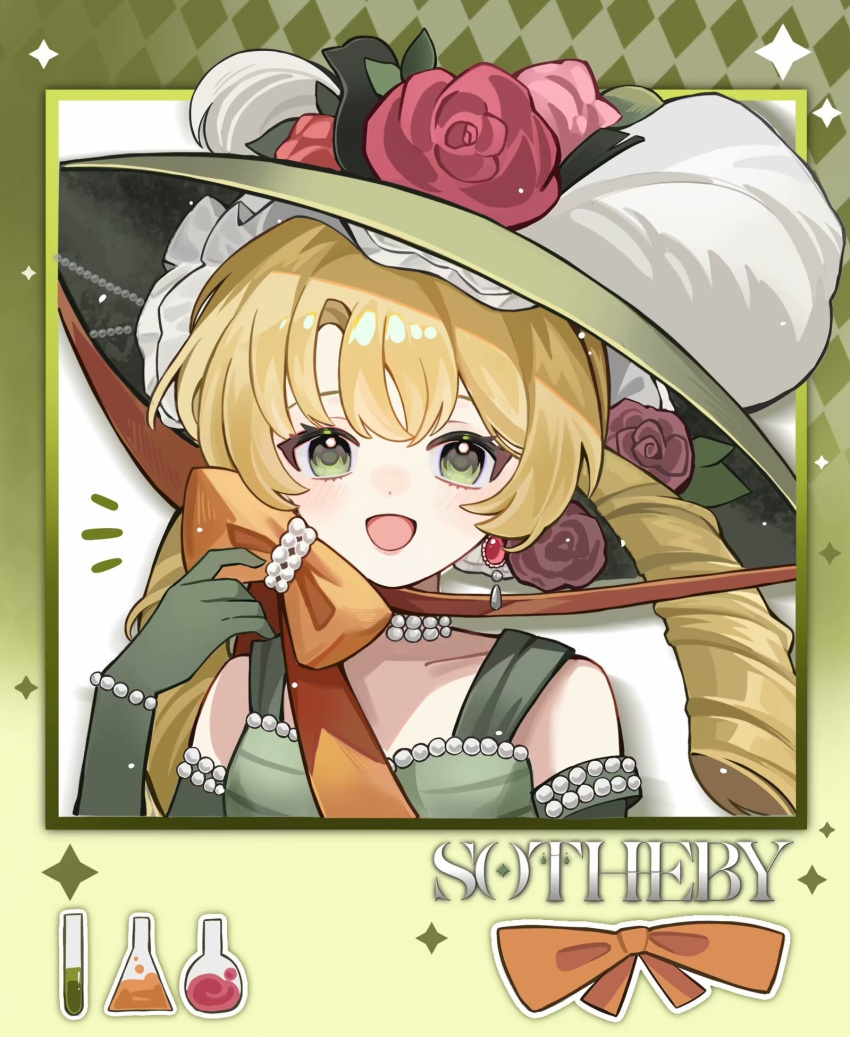 1girl, :d, argyle_border, bare_shoulders, blonde_hair, border, bow, character_name