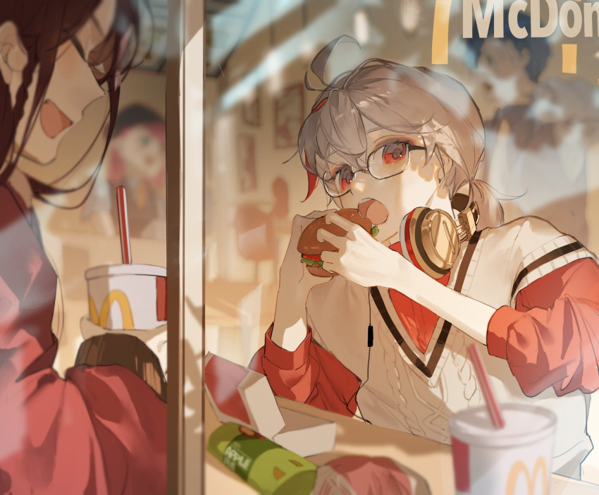 1boy, 1girl, beidou_(genshin_impact), beidou_(mcdonalds)_(genshin_impact), blurry, blurry_background, braid, brown_hair, burger, closed_eyes, cup, depth_of_field, disposable_cup, drinking_straw, eating, english_commentary, food, genshin_impact, glasses, grey_hair, hair_between_eyes, headphones, headphones_around_neck, highres, holding, holding_burger, holding_cup, holding_food, jacket, kaedehara_kazuha, kaedehara_kazuha_(mcdonalds), layered_shirt, long_hair, long_sleeves, looking_at_viewer, mcdonald's, multicolored_hair, open_mouth, ponytail, poscorn617, red_eyes, red_jacket, red_shirt, redhead, shirt, sleeves_past_wrists, sleeves_pushed_up, streaked_hair, sweater, table, teeth, upper_teeth_only, white_sweater, window