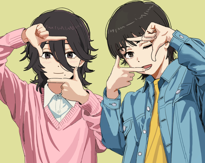 2girls, ;d, black_hair, commentary, denim, denim_jacket, finger_frame, fujino_(look_back)