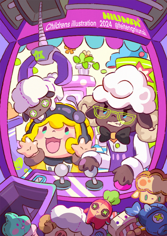 1girl, 2024, animal, antennae, aqua_eyes, arcade, arcade_cabinet, artist_name, bee_costume, black_collar, black_hairband, blonde_hair, blue_eyes, blush_stickers, buttons, chinese_commentary, clothed_animal, collar, commentary_request, copyright_notice, crane_game, curly_hair, determined, dress_shirt, feitengniunai, fur-trimmed_sleeves, fur_trim, furrowed_brow, glasses, green-framed_eyewear, grin, hairband, happy, indoors, long_sleeves, looking_at_object, open_mouth, original, playing_games, purple_vest, sheep, shirt, short_hair, smile, star_(symbol), stuffed_animal, stuffed_fish, stuffed_food, stuffed_rabbit, stuffed_toy, upper_body, vest, white_shirt, white_vest, white_wrist_cuffs, wrist_cuffs, yellow_shirt