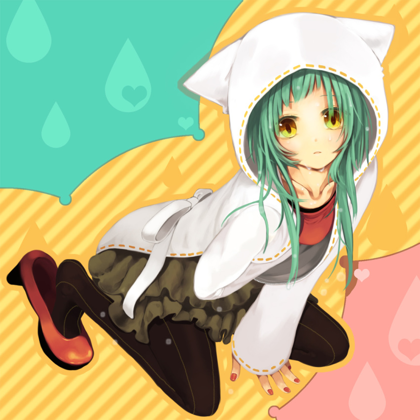 alternate_hair_length, alternate_hairstyle, aqua_hair, black_legwear, cat_food_(vocaloid), hatsune_miku, hiyo_kiki, hoodie
