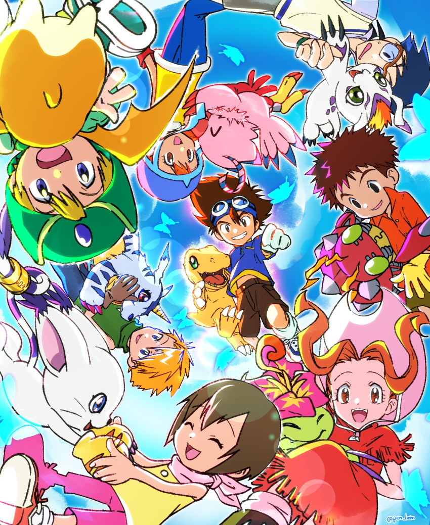 3girls, 5boys, agumon, animal_hug, antennae, black_eyes, blonde_hair, blue_eyes, blue_hair, brown_eyes, brown_hair, claws, closed_eyes, cowboy_hat, digimon, digimon_(creature), digimon_adventure, gabumon, glasses, gloves, gomamon, happy, hat, highres, ishida_yamato, izumi_koshiro, kido_jo, multiple_boys, multiple_girls, orange_hair, palmon, patamon, pen_lem, piyomon, redhead, smile, tachikawa_mimi, tail, tailmon, takaishi_takeru, takenouchi_sora, tentomon, yagami_hikari, yagami_taichi