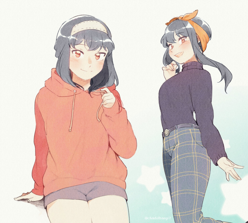 1girl, absurdres, arm_support, black_hair, chadolbaegi, commission, cowboy_shot, drawstring_pull, english_commentary, gradient_background, hairband, hand_on_own_face, highres, hood, hood_down, hoodie, long_hair, looking_at_viewer, open_mouth, pants, plaid_clothes, plaid_pants, red_eyes, short_shorts, shorts, sidelocks, sitting, smile, solo, spy_x_family, starry_background, sweater, turtleneck, turtleneck_sweater, yor_briar