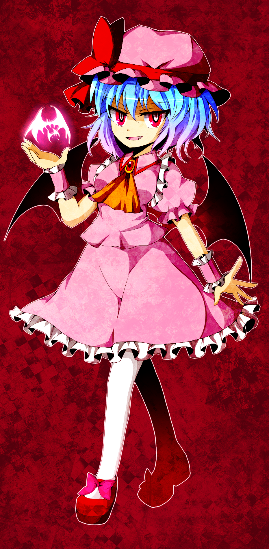 ascot, bat, bat_wings, blue_hair, dress, fang, hat, highres