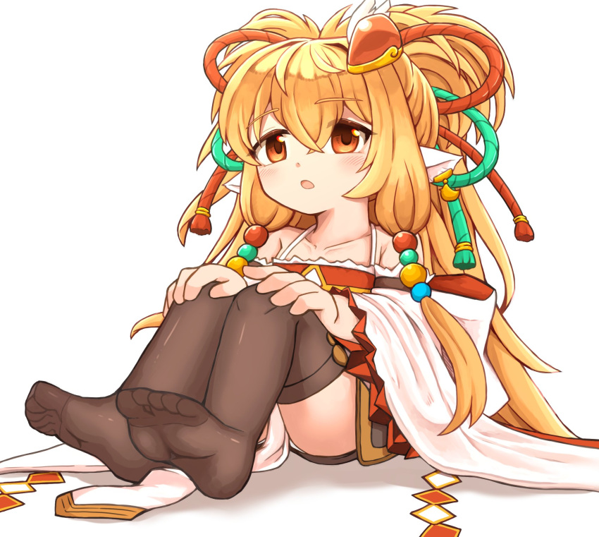 1girl, bandeau, bare_shoulders, beads, blonde_hair, detached_sleeves, feather_hair_ornament, feathers