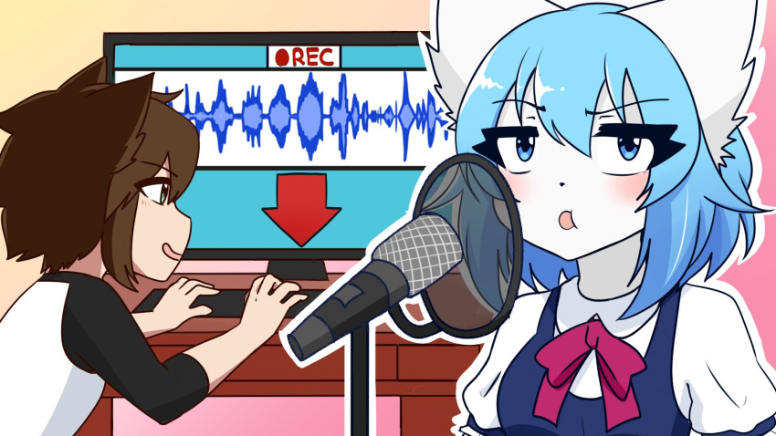 1boy, 1girl, animal_ears, annoyed, blue_hair, border, brown_hair, colored_skin