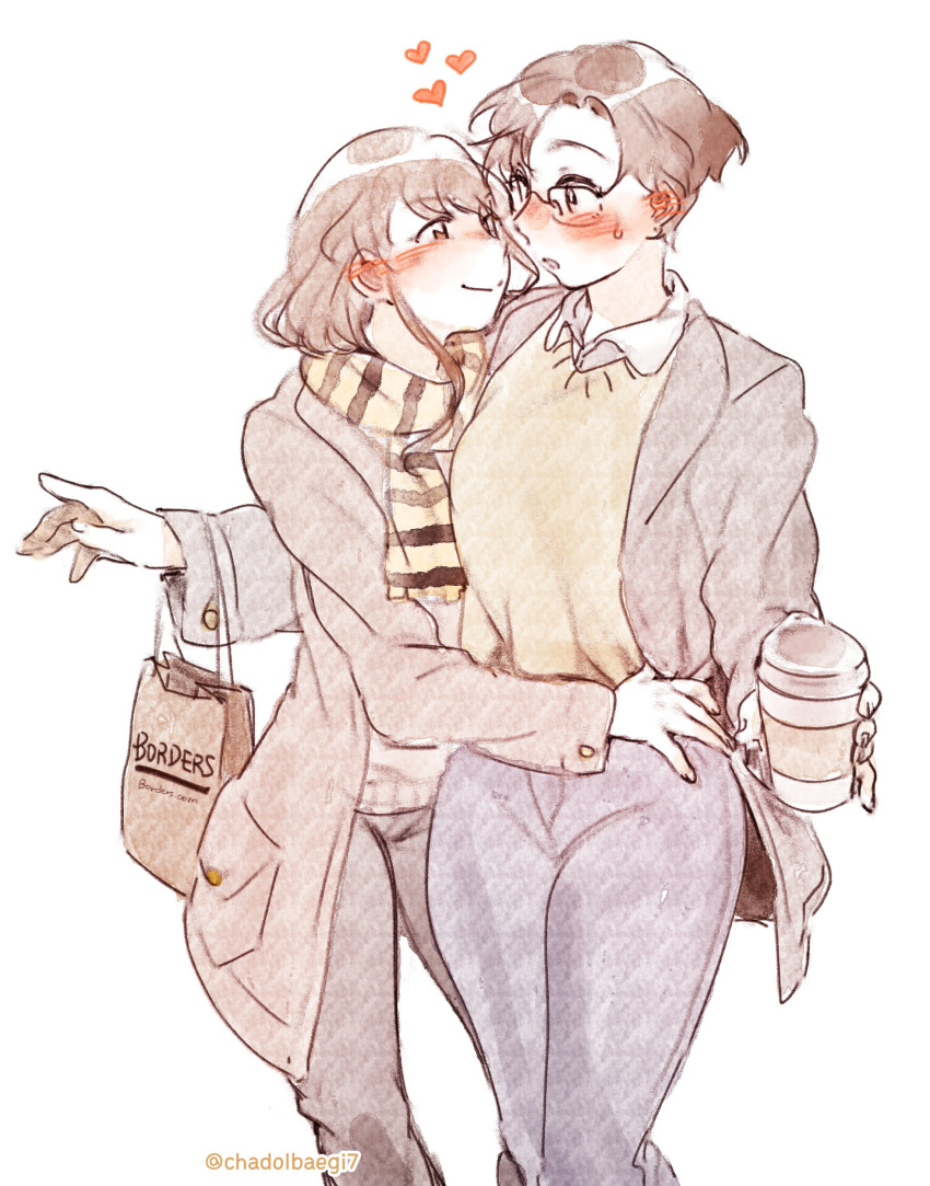 absurdres, bag, blush, brown_hair, chadolbaegi, coat, collared_shirt, cup