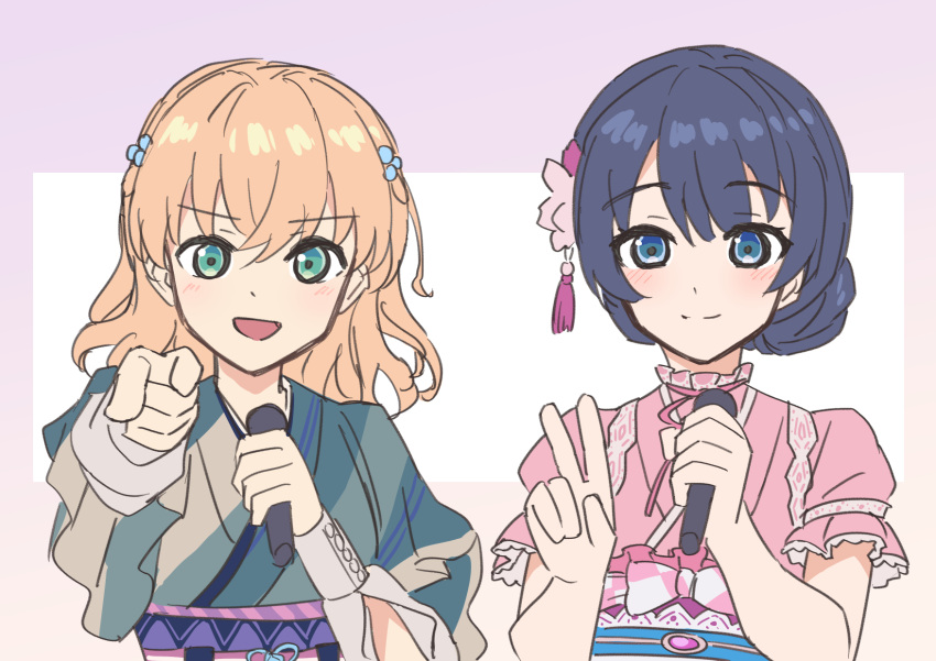 2girls, :d, aqua_eyes, blue_eyes, blue_hair, blush, closed_mouth, commentary