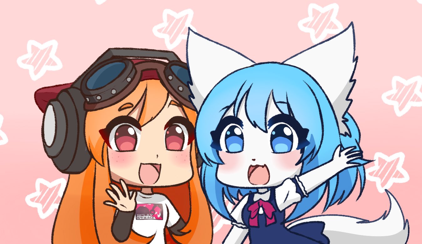 2girls, :d, animal_ears, blue_eyes, blue_hair, borrowed_character, character_request, chibi