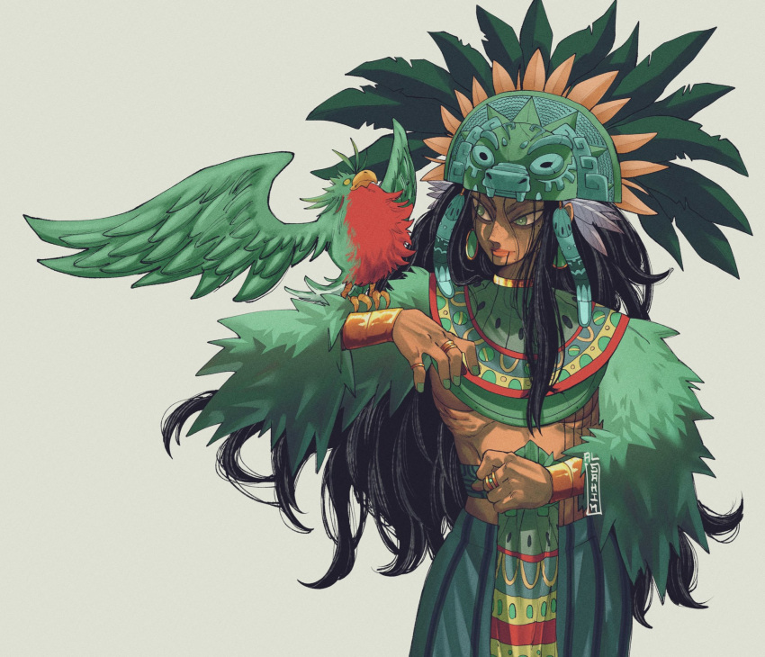 1girl, al_sahim, aqua_hat, aqua_nails, artist_name, aztec, aztec_mythology, bird