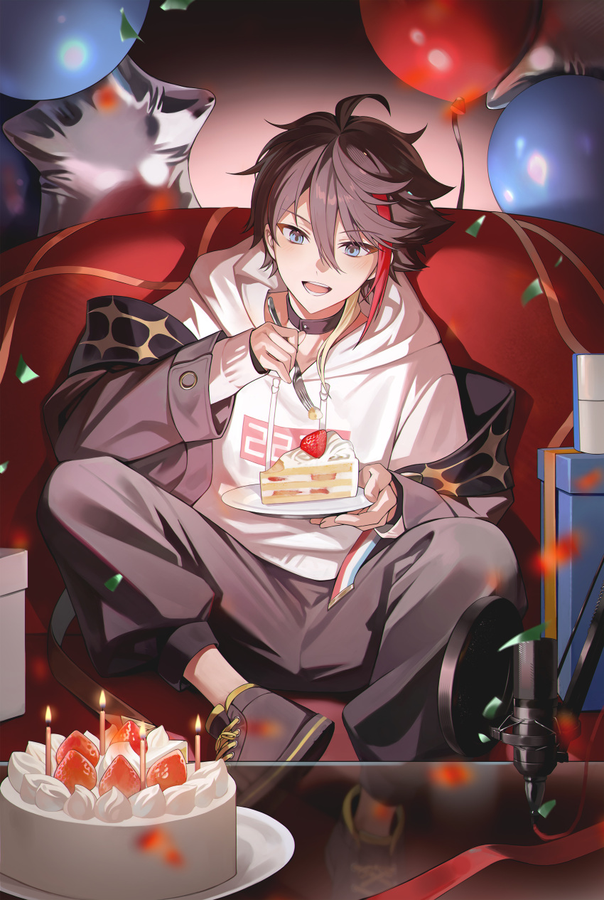 1boy, absurdres, balloon, blue_eyes, brown_footwear, brown_hair, brown_jacket, brown_pants