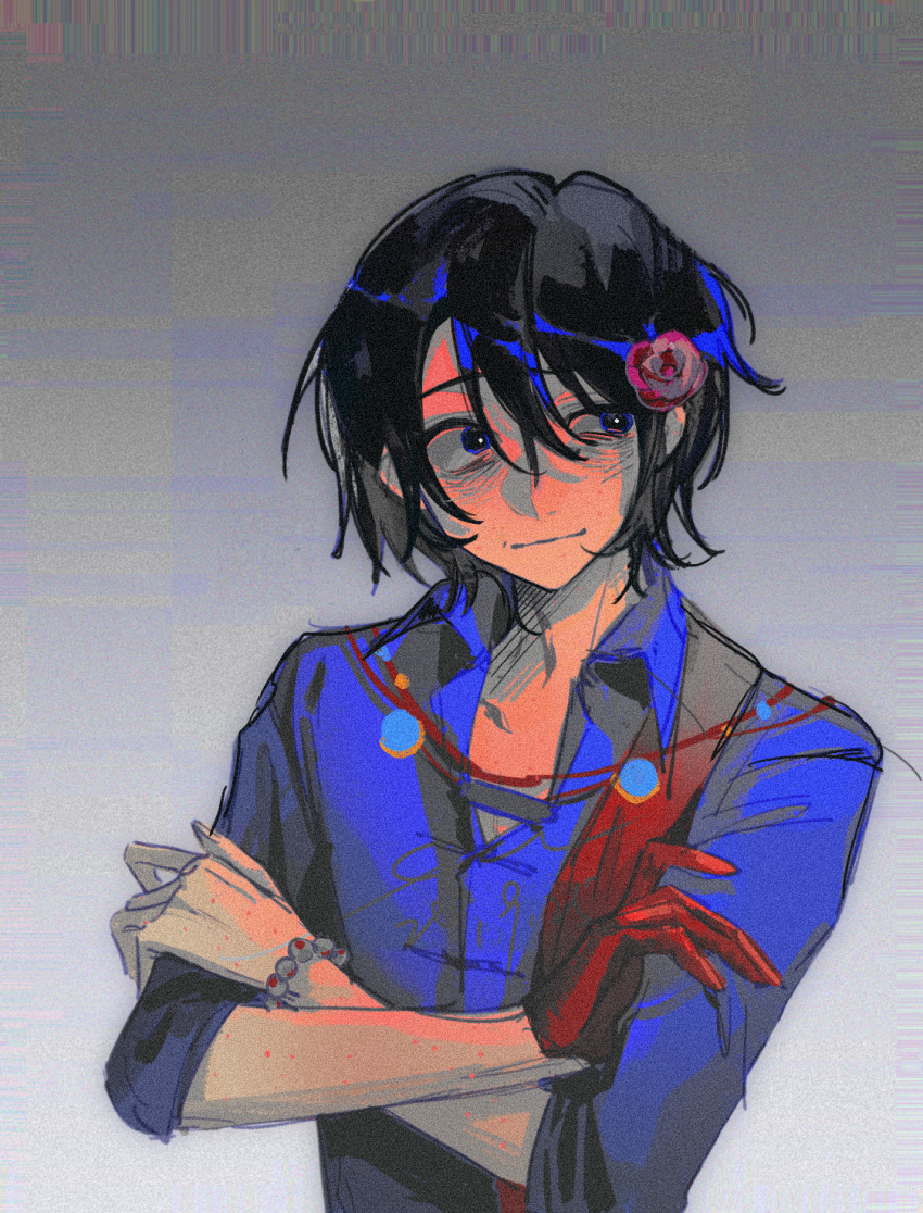 1boy, bags_under_eyes, black_eyes, black_hair, blue_shirt, chinese_commentary, closed_mouth, collared_shirt