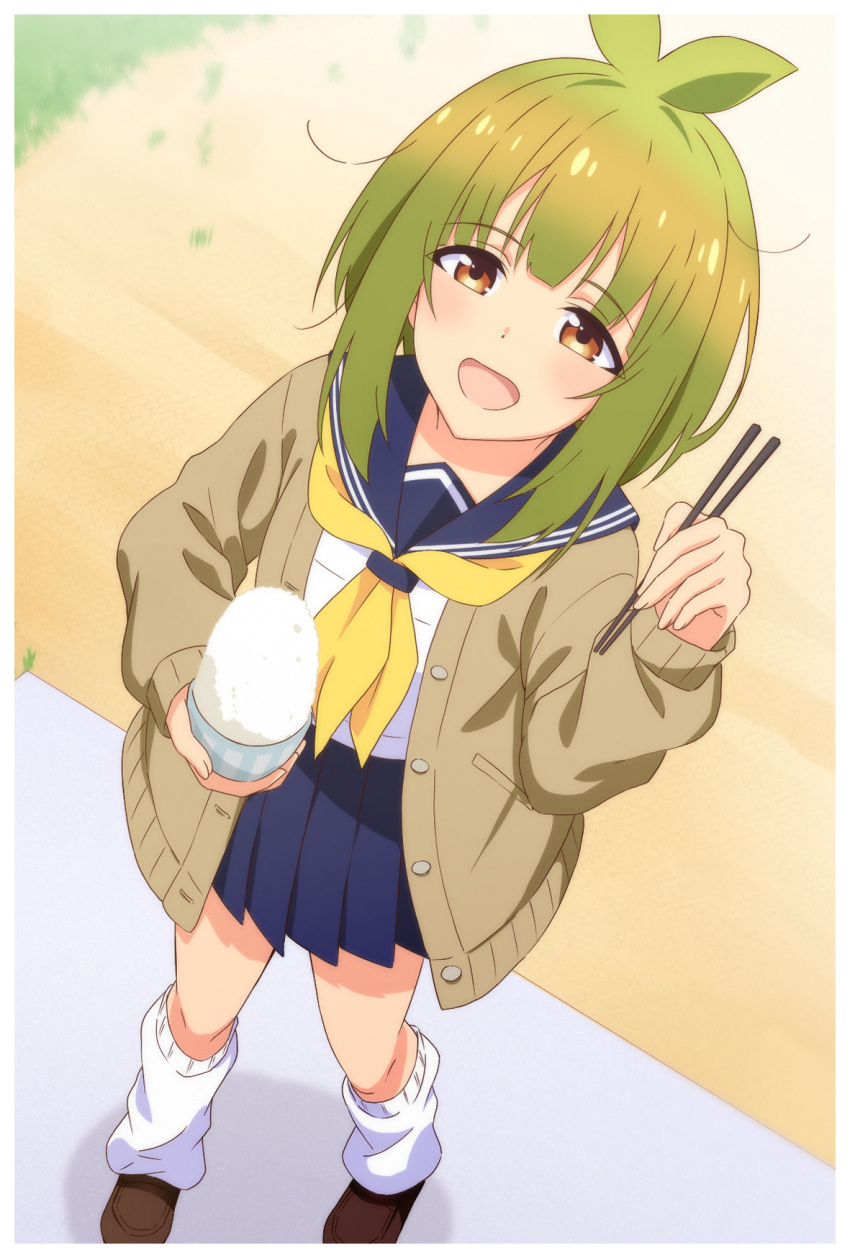 bashame_meme, blue_sailor_collar, brown_eyes, chopsticks, food, green_hair, highres, long_sleeves