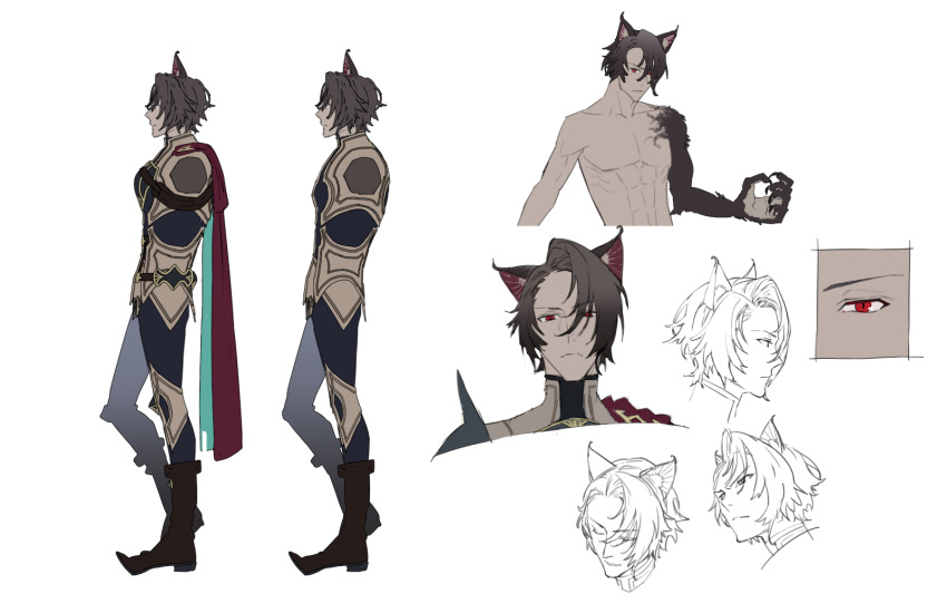 1boy, animal_ear_fluff, animal_ears, animal_hands, armor, atelier_(series), atelier_resleriana, black_footwear, black_hair, body_fur, boots, cape, cat_ears, closed_mouth, cropped_torso, dark-skinned_male, dark_skin, expressions, from_side, full_body, geron_diesel, hair_over_one_eye, highres, looking_at_viewer, male_focus, multiple_views, noco_(adamas), official_art, pointy_footwear, profile, red_eyes, reference_sheet, short_hair, simple_background, standing, topless_male, white_background