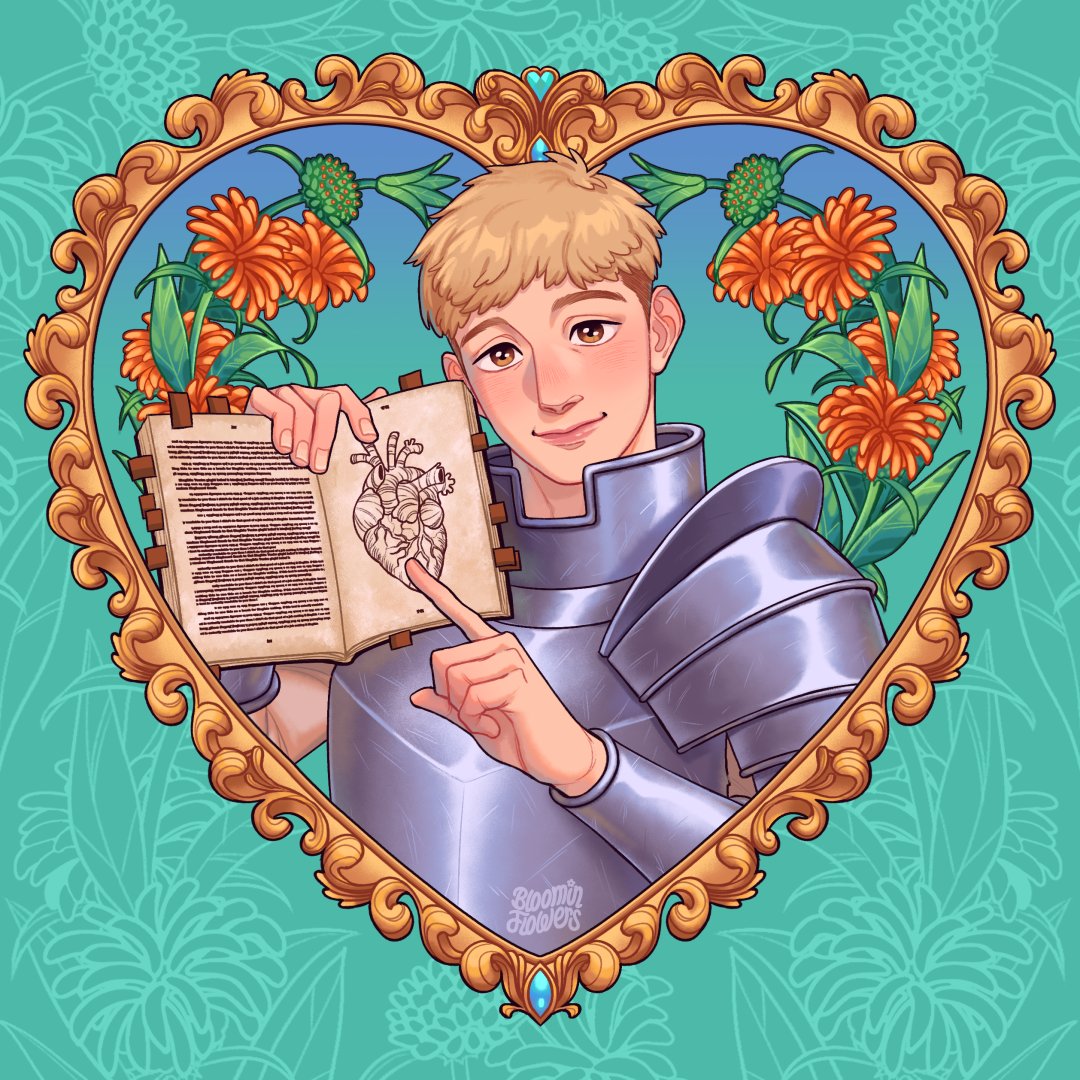 1boy, androgynous, armor, artist_name, blonde_hair, bloominflowers, book, brown_eyes