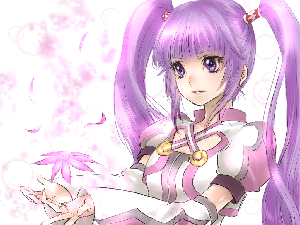 detached_sleeves, flower, fujimo_nao, purple_eyes, purple_hair, solo, sophie_(tales_of_graces), tales_of_(series), tales_of_graces, twintails, violet_eyes, white_background