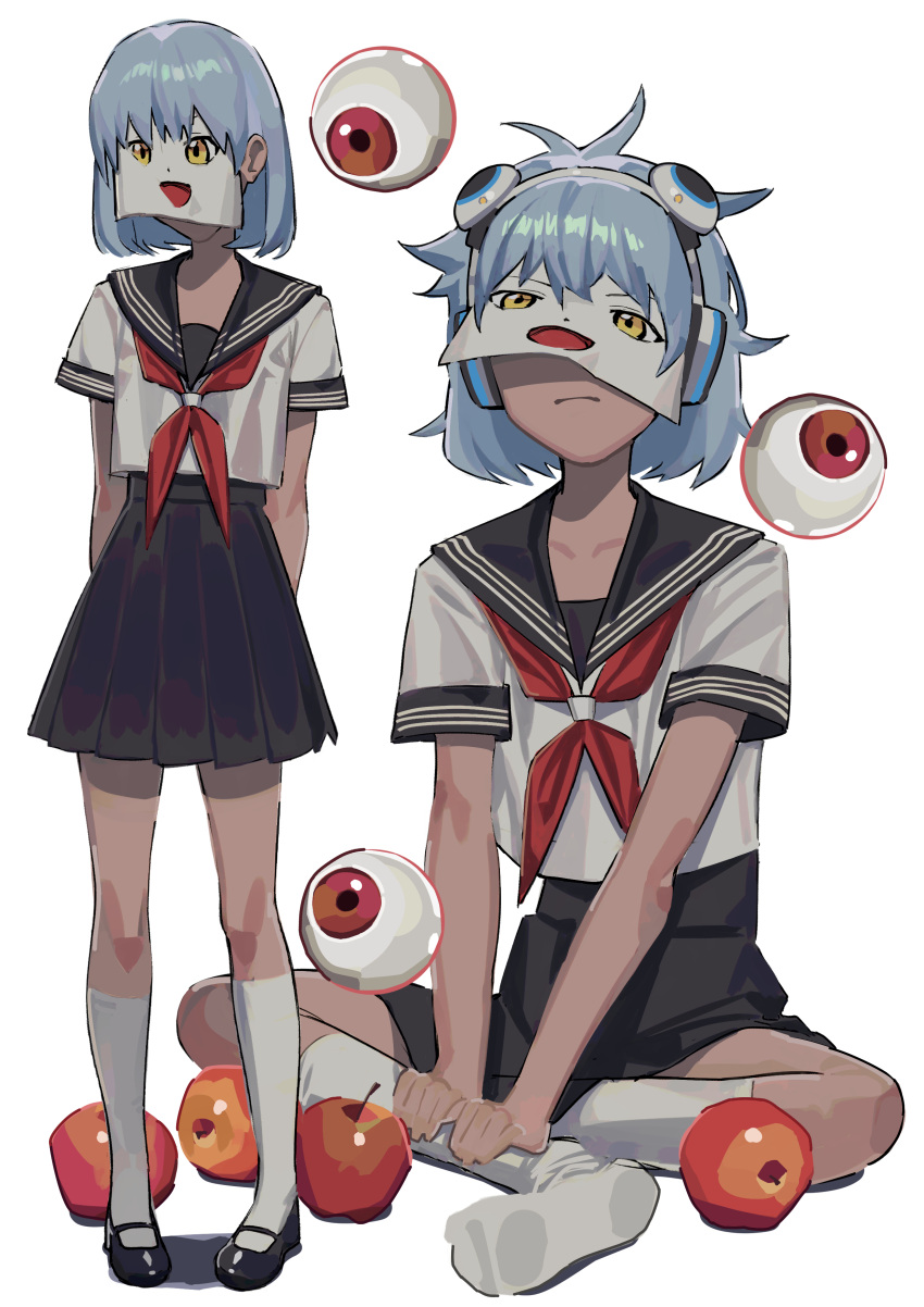1girl, absurdres, apple, black_footwear, black_sailor_collar, black_skirt, blue_hair, closed_mouth, eve_(musician), eyeball, food, fruit, headphones, highres, multiple_views, neckerchief, paper, pleated_skirt, red_neckerchief, saaal653, sailor_collar, shirt, short_hair, short_sleeves, skirt, socks, standing, white_background, white_shirt, white_socks