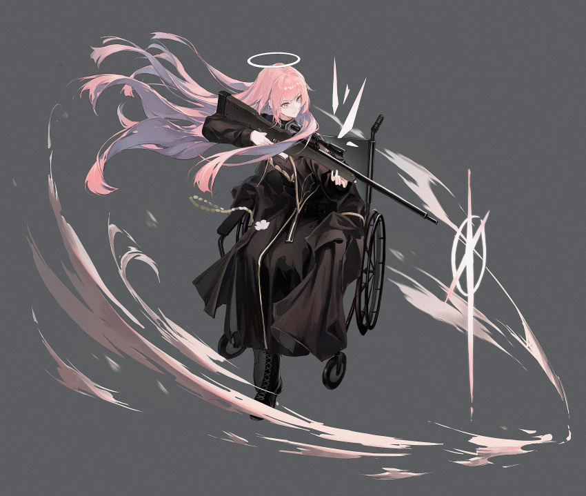 1girl, absurdres, ai_arctic_warfare, arknights, black_dress, black_footwear, bolt_action, boots