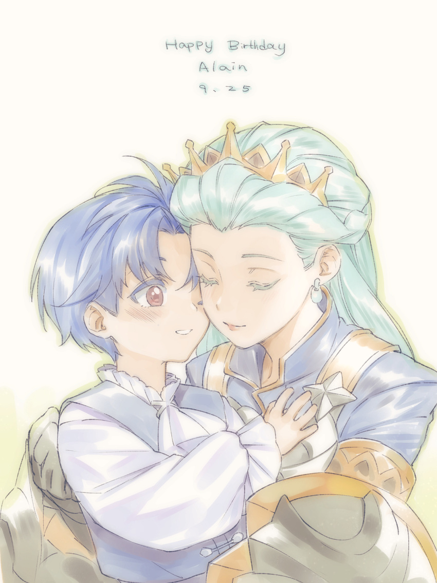 1boy, 1girl, alain_(unicorn_overlord), armor, blue_hair, blush, breastplate, closed_eyes