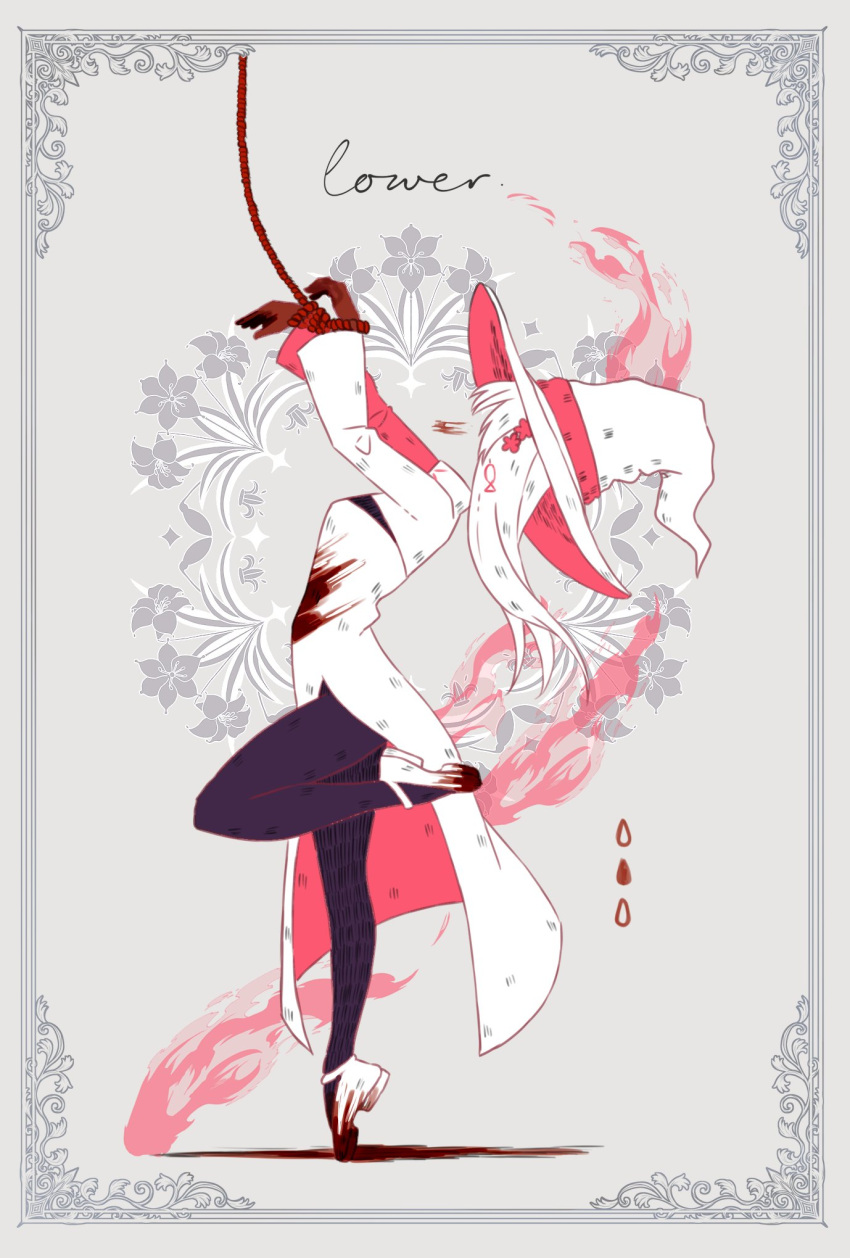 1girl, black_pantyhose, blood, blood_on_clothes, border, bound, bound_wrists, dress