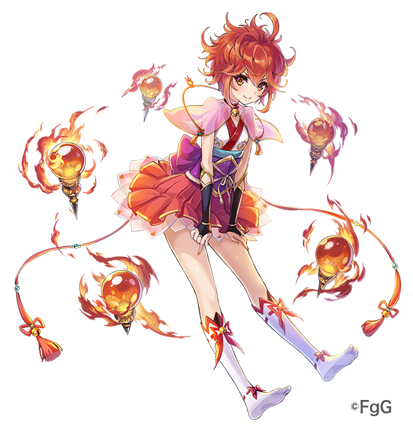 1girl, ahoge, bell, closed_mouth, dare_ga_tame_no_alchemist, full_body, kagura_(dare_ga_tame_no_alchemist), neck_bell, no_shoes, obi, official_art, orange_eyes, orange_hair, orange_skirt, sash, shibuhiko, short_hair, simple_background, skirt, smile, socks, solo, third-party_source, transparent_background, white_socks