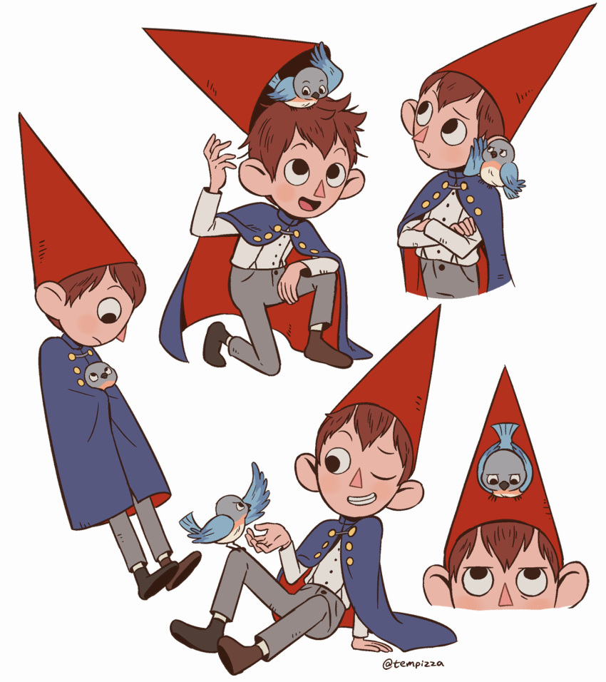 1boy, animal, beatrice_(over_the_garden_wall), bird, black_eyes, black_footwear, blue_bird, blue_cape, brown_hair, buttons, cape, closed_mouth, crossed_arms, full_body, grey_pants, grin, hair_between_eyes, hat, highres, long_sleeves, looking_at_another, one_eye_closed, over_the_garden_wall, pants, profile, red_cape, red_hat, shirt, shoes, simple_background, sitting, smile, teeth, tempizza, twitter_username, two-tone_cape, white_background, white_shirt, wirt_(over_the_garden_wall)