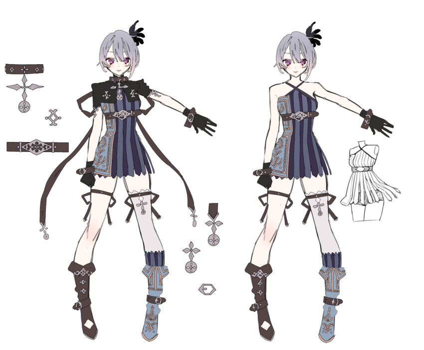 1girl, asymmetrical_footwear, atelier_(series), atelier_resleriana, bare_shoulders, black_footwear, black_gloves, blue_dress