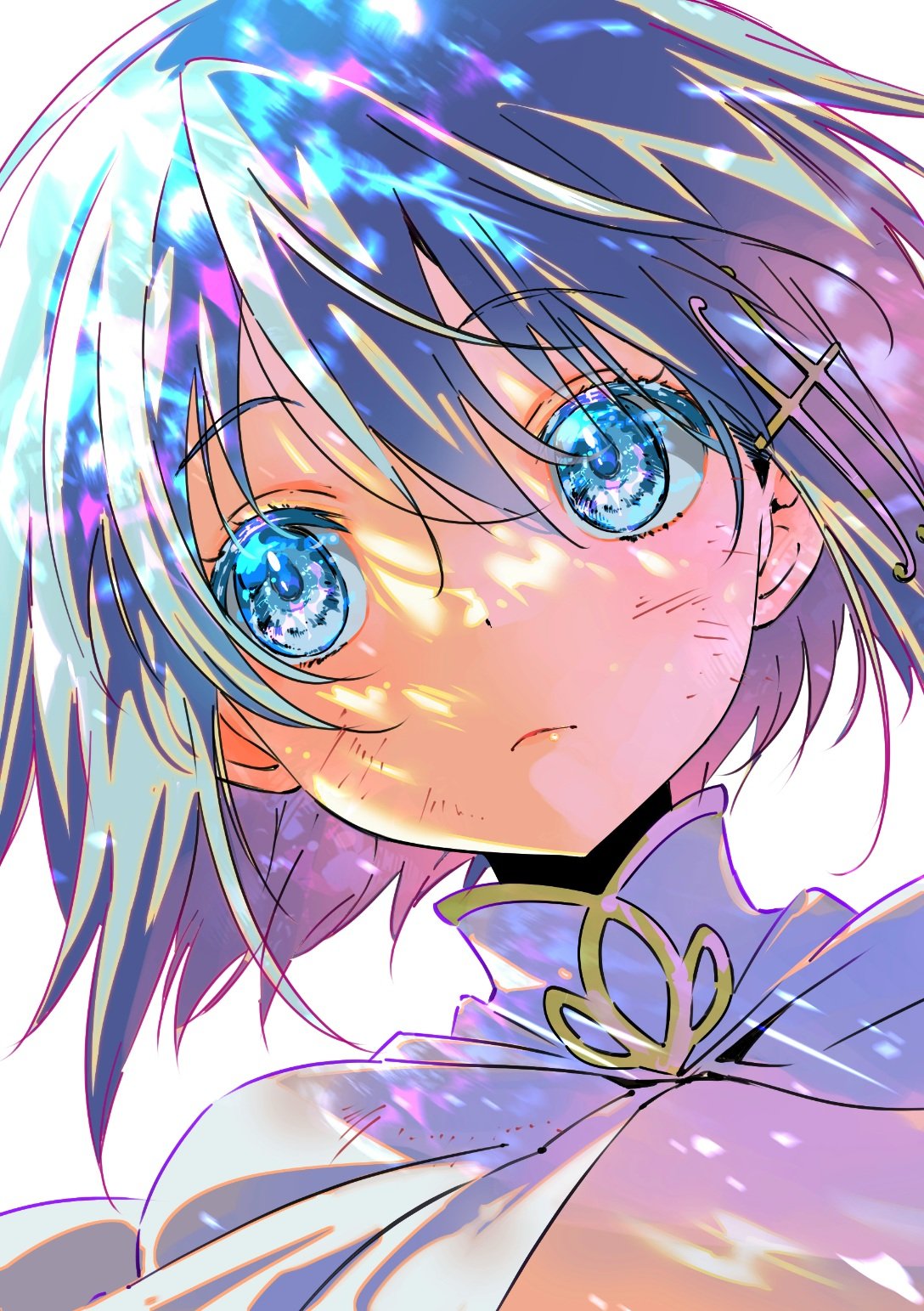 1girl, blue_eyes, blue_hair, closed_mouth, eye_reflection, hair_ornament, highres, mahou_shoujo_madoka_magica, mahou_shoujo_madoka_magica_(anime), miki_sayaka, musical_note, musical_note_hair_ornament, portrait, reflection, shaded_face, shadow, short_hair, solo, yasou1010