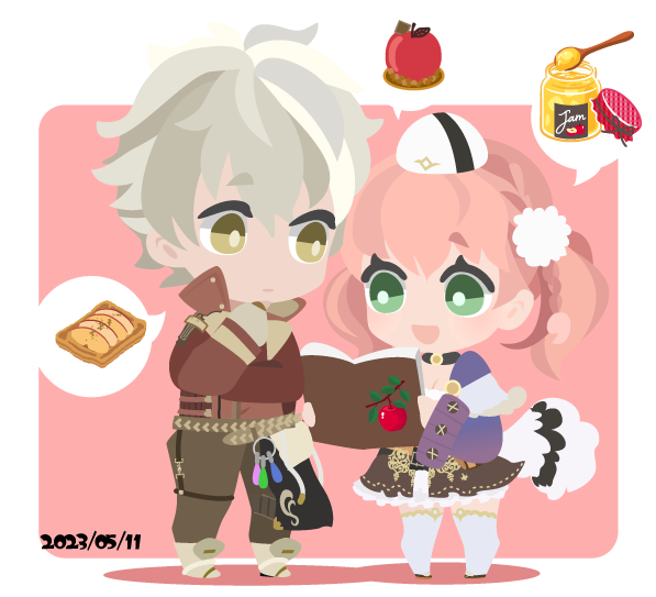 01_(zeroichi_srl), 1boy, 1girl, :d, ahoge, apple, apple_pie, atelier_(series)
