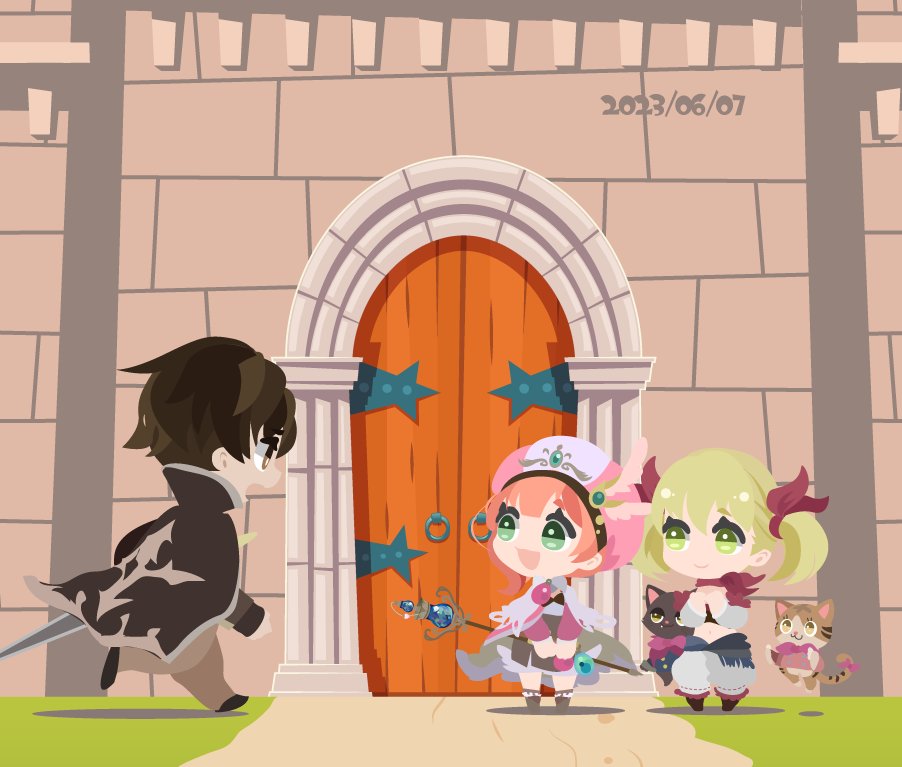 01_(zeroichi_srl), 1boy, 2girls, :d, aranya_(atelier), atelier_(series), atelier_rorona, blonde_hair