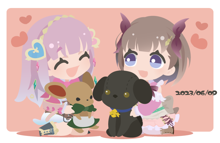 01_(zeroichi_srl), 2girls, :d, ^_^, atelier_(series), atelier_lulua, blue_eyes, blunt_bangs, border, brown_hair, chibi, closed_eyes, dated, elmerulia_frixell, eva_armster, full_body, hair_ornament, heart, heart_hair_ornament, holding, holding_stuffed_toy, long_hair, long_sleeves, looking_at_another, multiple_girls, open_mouth, pink_background, purple_hair, short_hair, sitting, smile, stuffed_animal, stuffed_dog, stuffed_toy, white_border