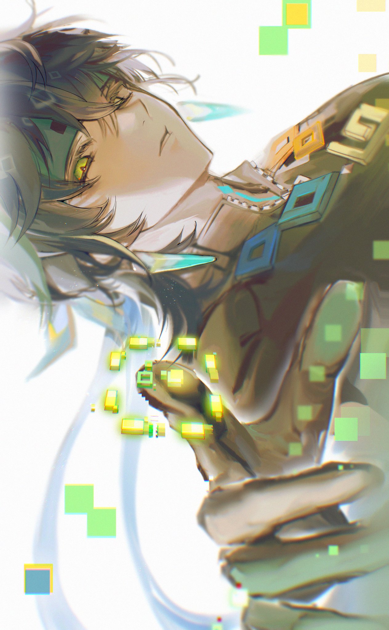 1boy, black_gloves, black_hair, black_shirt, crossed_bangs, earrings, fourth_wall, genshin_impact