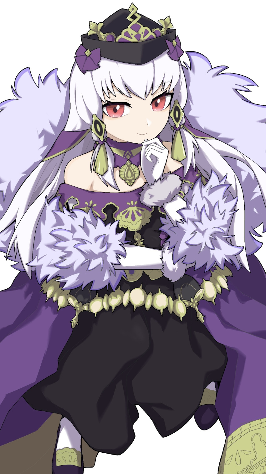 1girl, aaaakunaaaa, bare_shoulders, black_dress, black_hat, cape, commentary_request, dress, feather_boa, fire_emblem, fire_emblem:_three_houses, fire_emblem_heroes, fur_trim, gloves, gold_trim, hand_on_own_chin, hat, highres, long_hair, lysithea_von_ordelia, lysithea_von_ordelia_(a_new_future), off_shoulder, official_alternate_costume, purple_cape, red_eyes, simple_background, smile, solo, white_background, white_gloves, white_hair