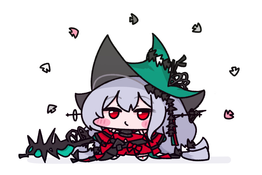 1girl, arknights, black_hat, black_outline, blush_stickers, ca-ma, chibi, closed_mouth, commentary_request, dress, full_body, green_hat, grey_hair, hat, highres, long_hair, looking_at_viewer, no_nose, official_alternate_costume, outline, red_dress, red_eyes, simple_background, skadi_(arknights), skadi_the_corrupting_heart_(arknights), solo, standing, thick_outlines, two-sided_fabric, two-sided_headwear, very_long_hair, white_background