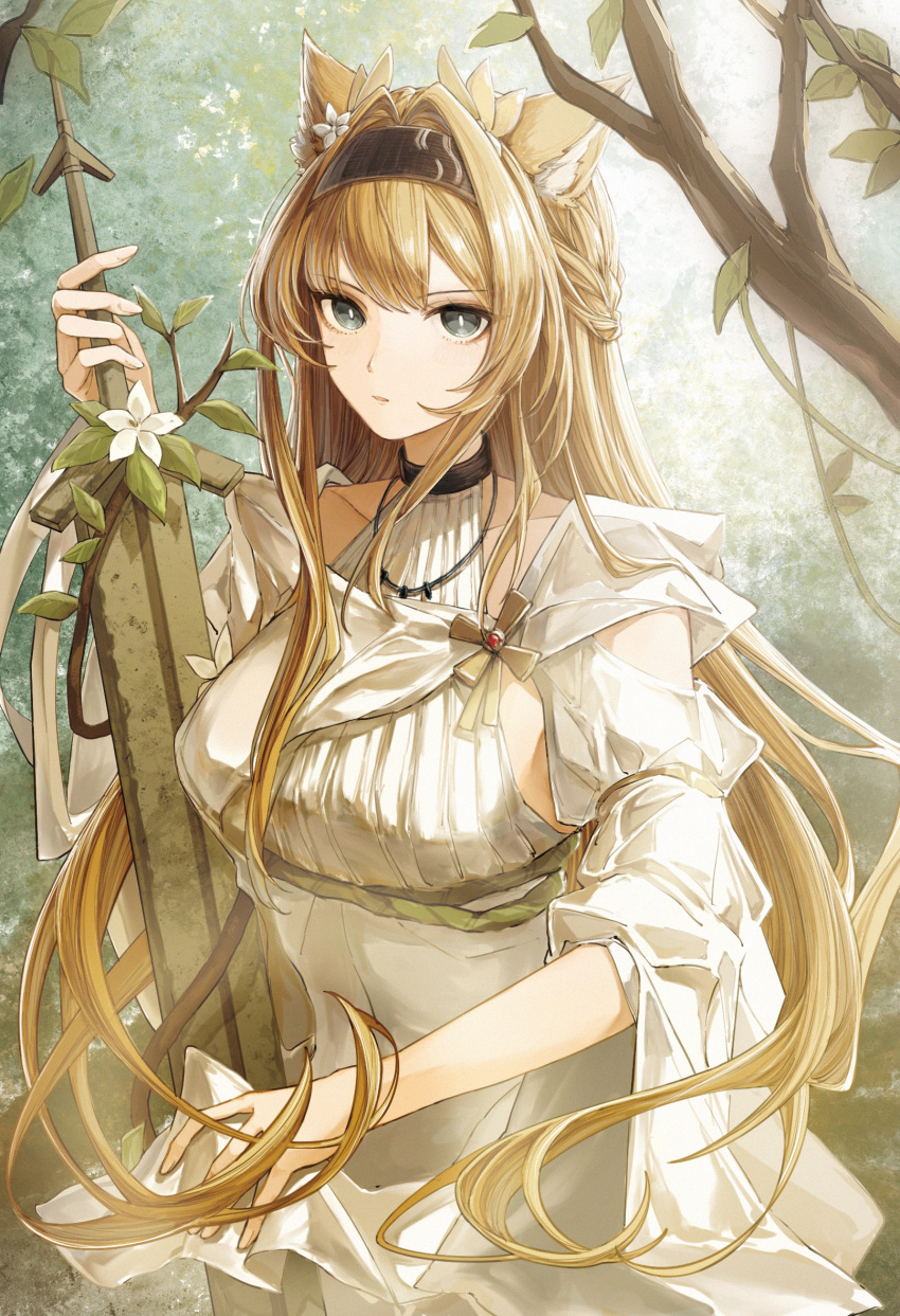 1girl, animal_ear_fluff, animal_ears, arknights, black_hairband, blonde_hair, branch, bright_pupils