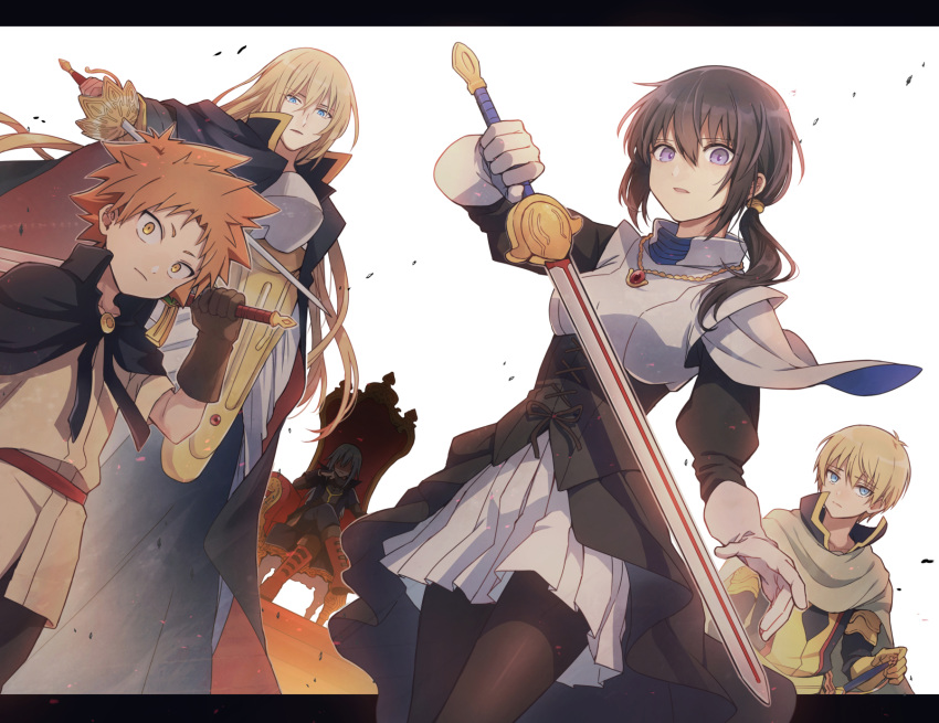 1girl, 1other, 3boys, black_dress, black_hair, black_thighhighs, blonde_hair, blue_eyes