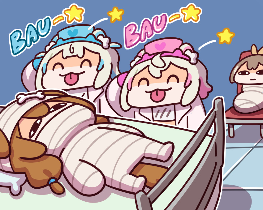 4girls, :|, ^_^, absurdres, animal_ears, bandaged_head, bandaged_torso, bandages