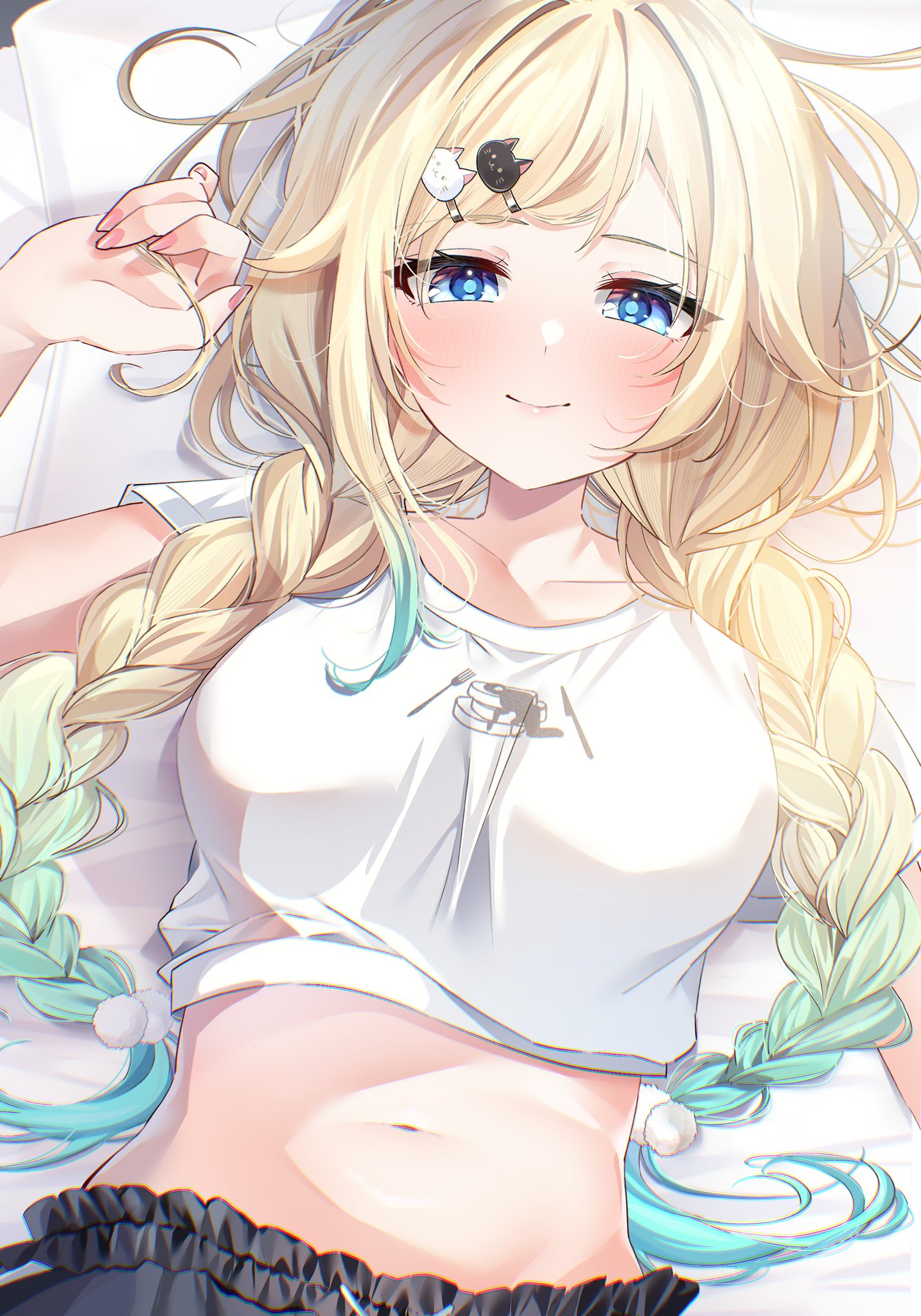 1girl, aizawa_ema, black_pants, blonde_hair, blue_eyes, blush, braid, cat_hair_ornament